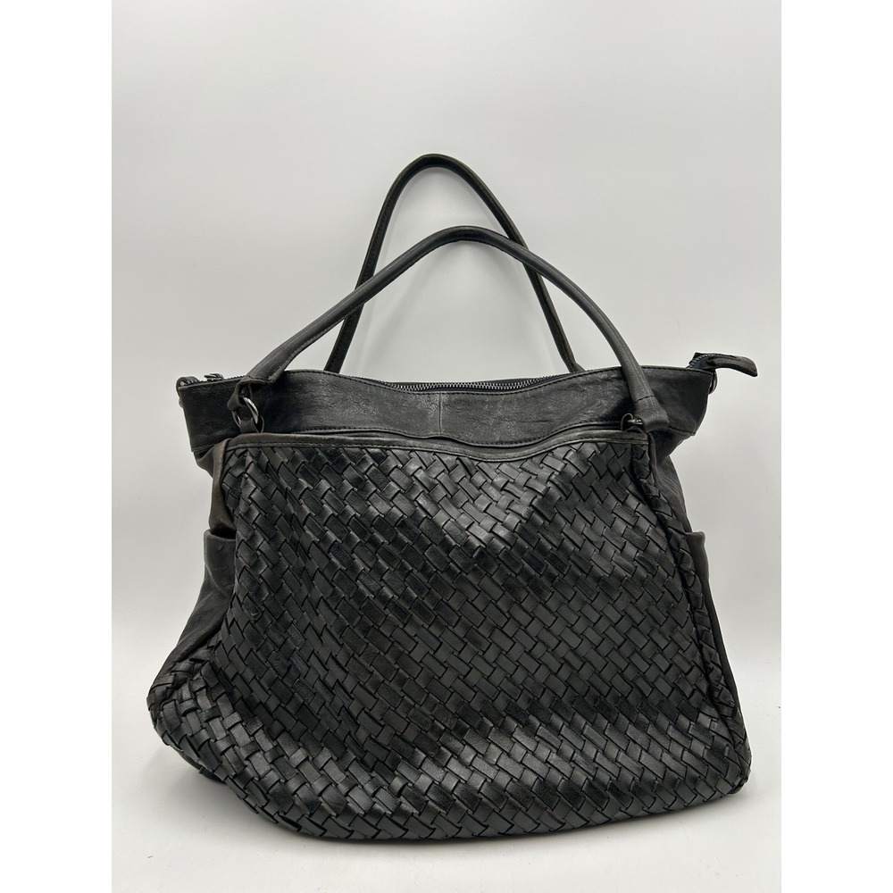 Langellotti Distressed Woven Leather Black Bag 15" Shoulder Purse Italy Boho